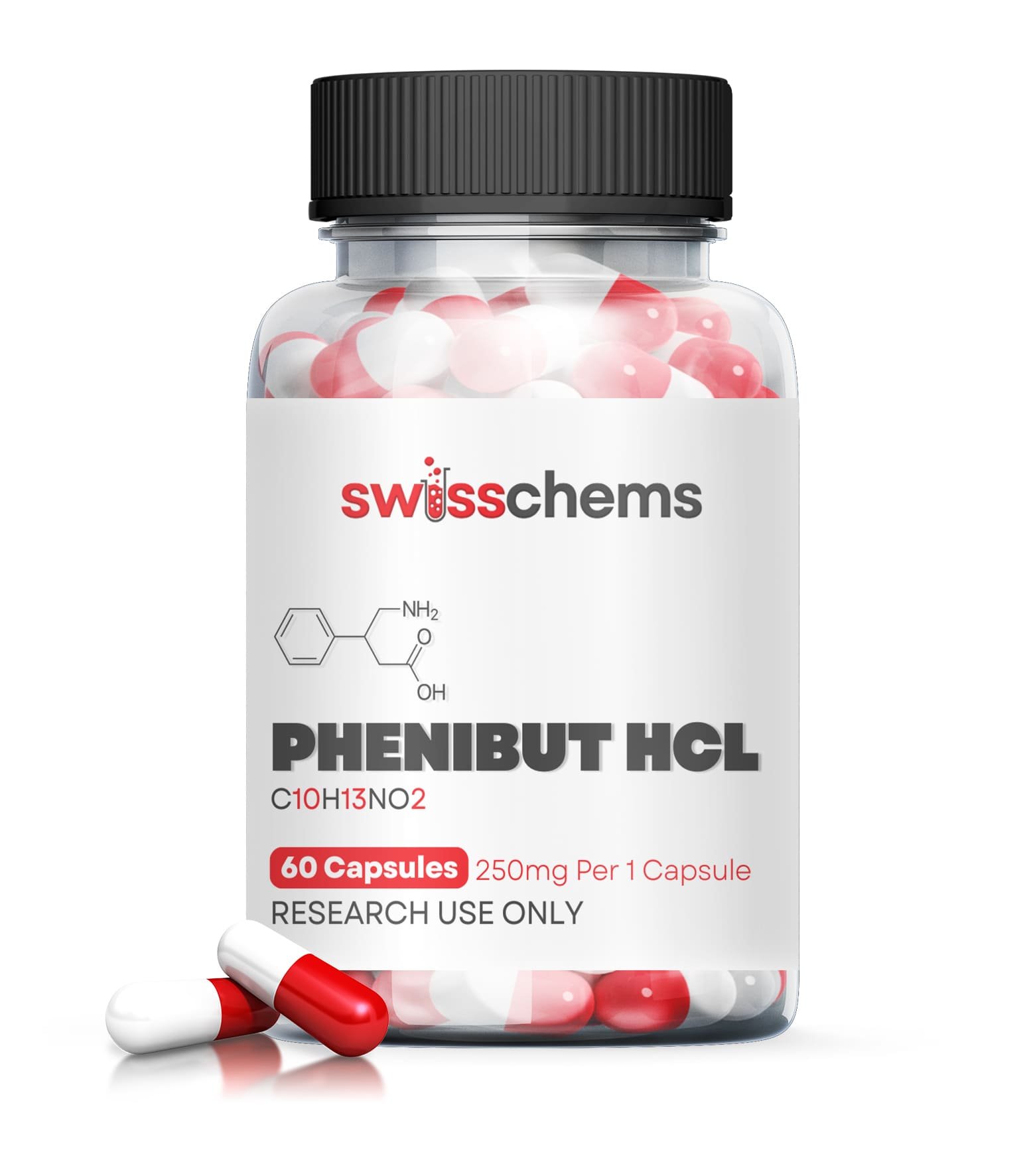 SwissChems Phenibut HCL 250mg Capsules 60 Count Bottle